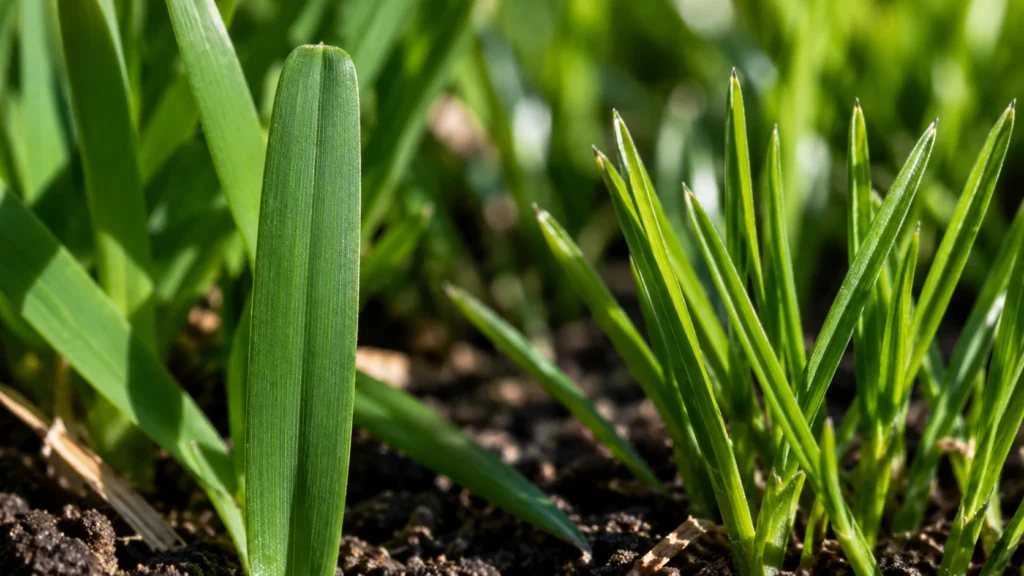 Close-up visual identification of St. Augustine and Zoysia grass blades.