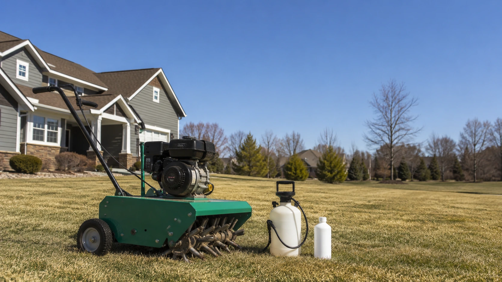 Liquid aeration vs core aeration equipment on a suburban lawn