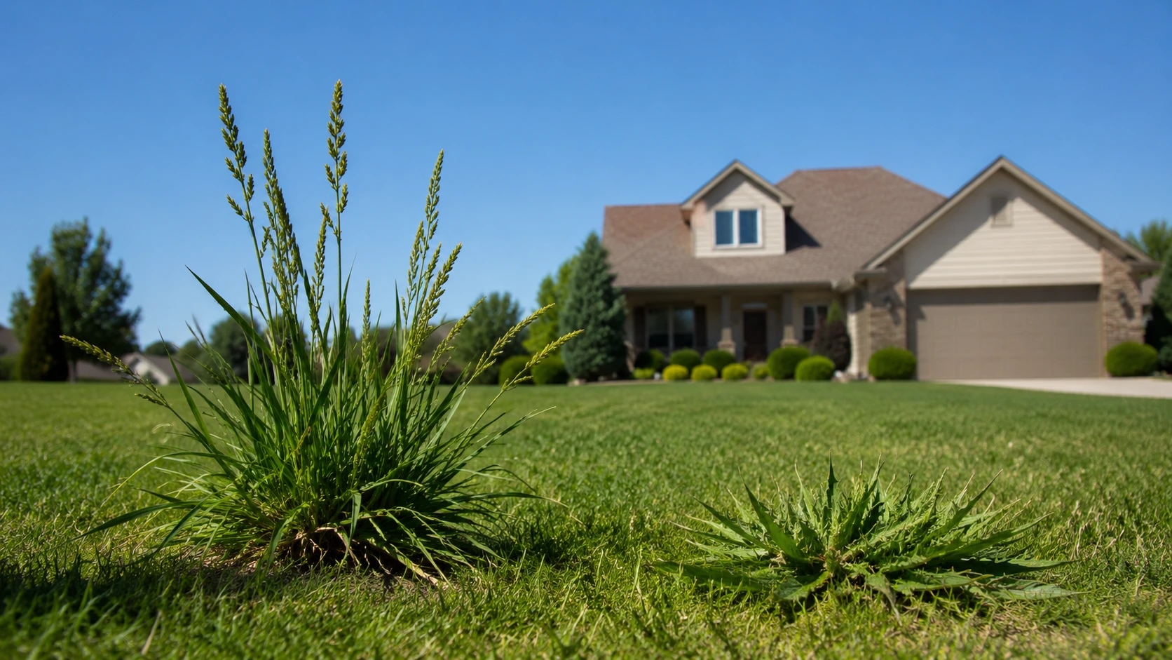 A split view comparing dallisgrass vs crabgrass invading a green lawn.