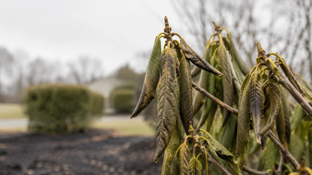 Curled brown leaves hanging from a dying rhododendron branch
