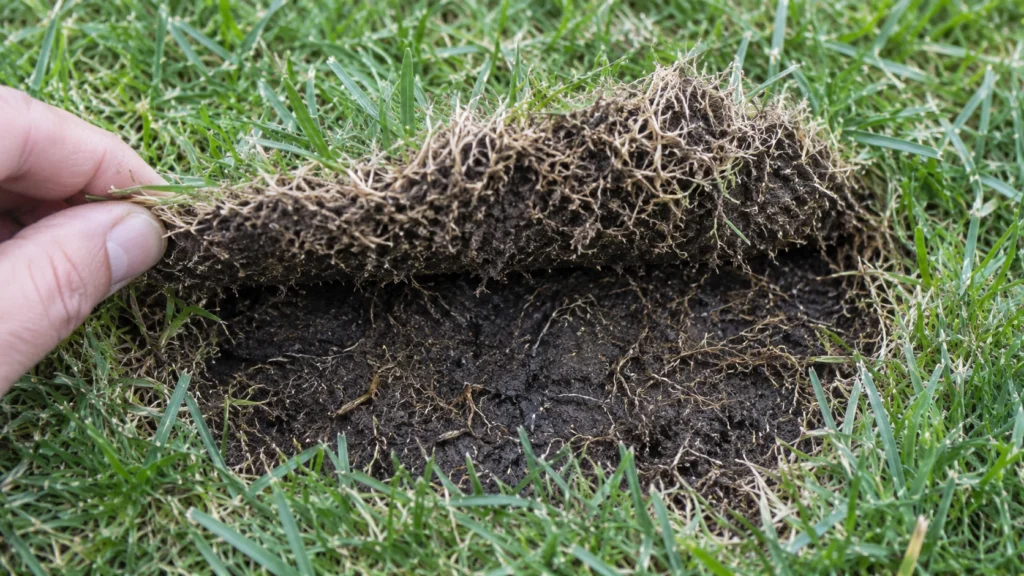 Dead lawn grass peeled back exposing soil due to grub damage