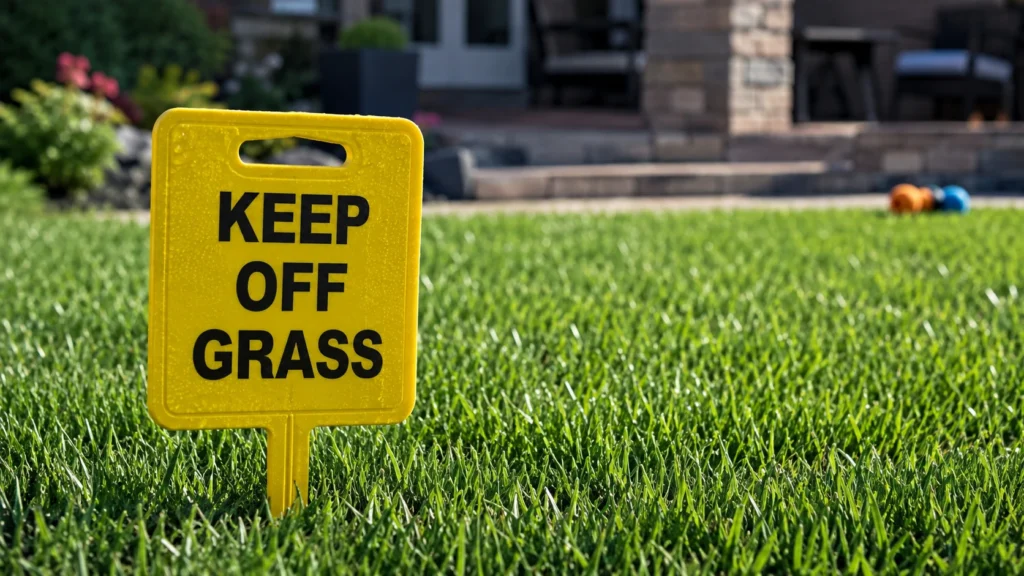 Lawn safety warning sign after chemical application