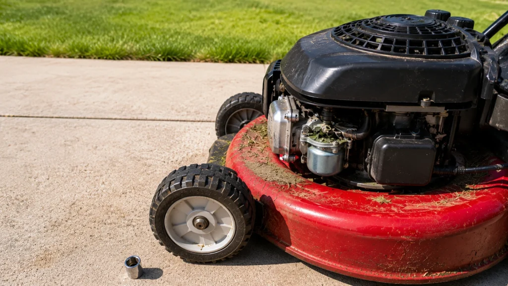 Lawn mower carburetor bowl and fuel tank area inspection.