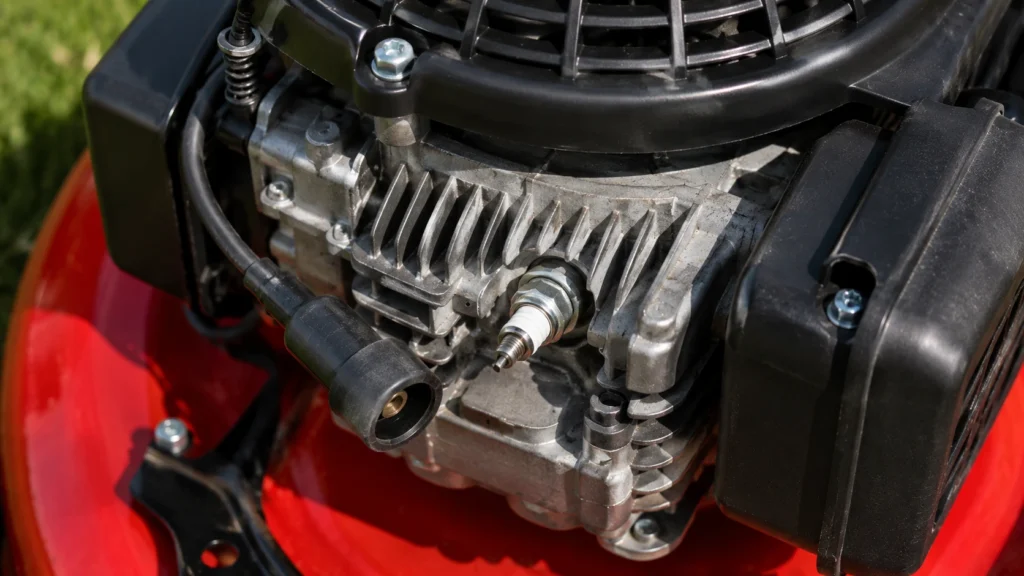 Disconnected spark plug on a vibrating lawn mower engine.