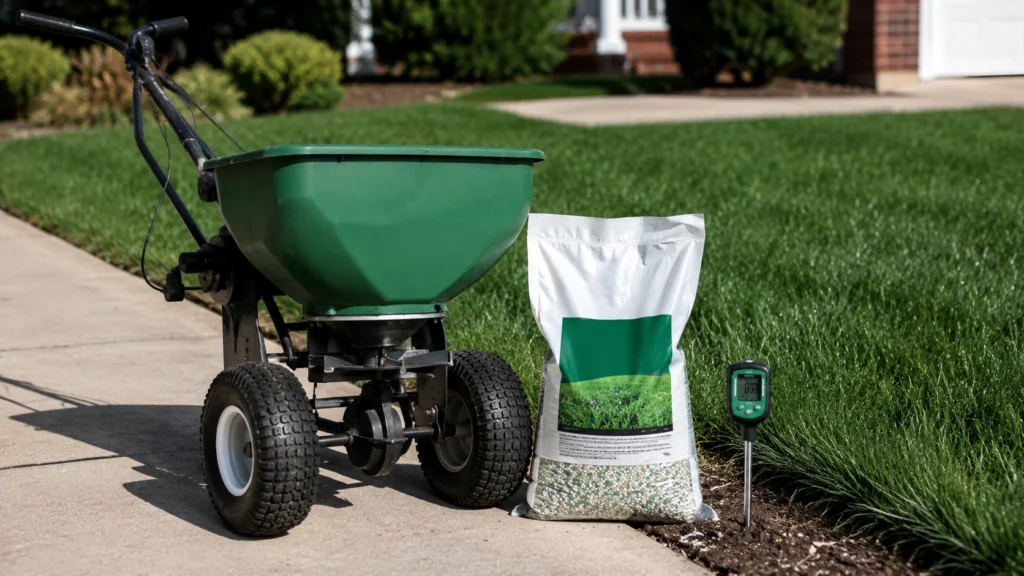 Broadcast spreader and soil thermometer ready for pre-emergent application.