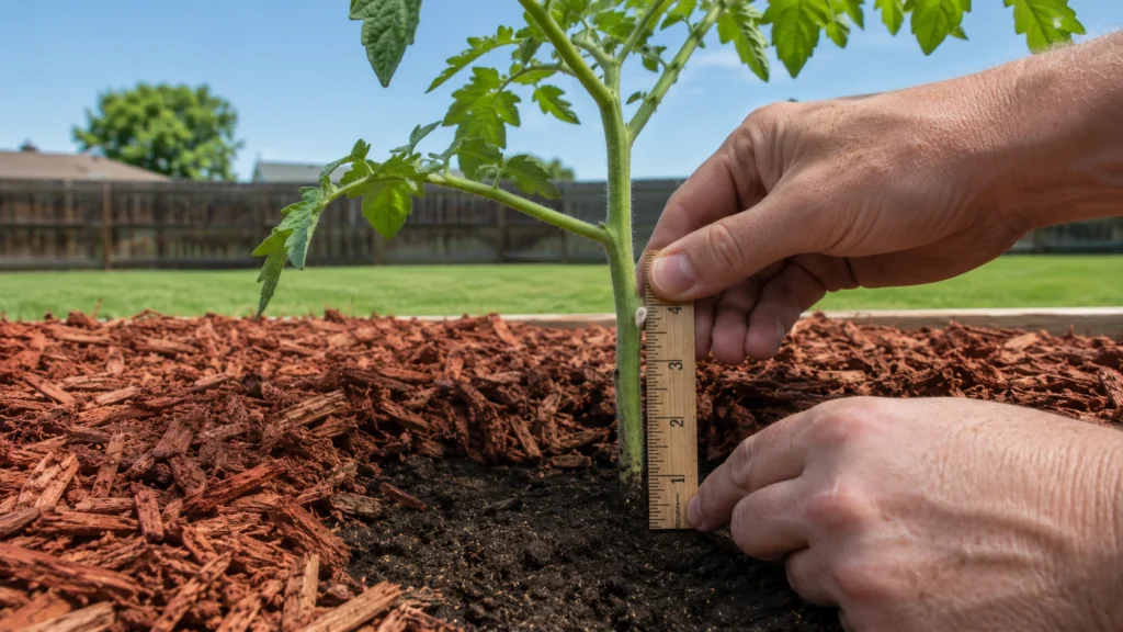 Measuring a two inch bare soil gap around a tomato plant stem