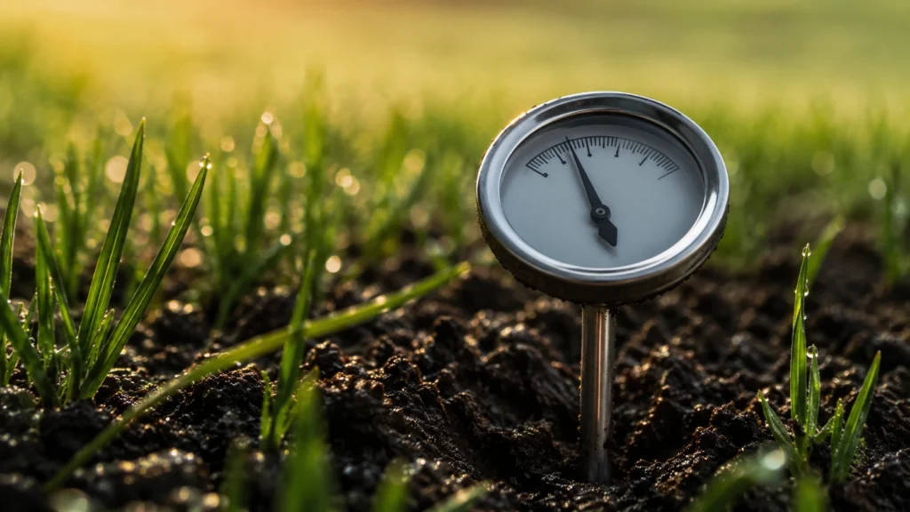 Soil thermometer measuring dirt temperature for pre emergence herbicide timing