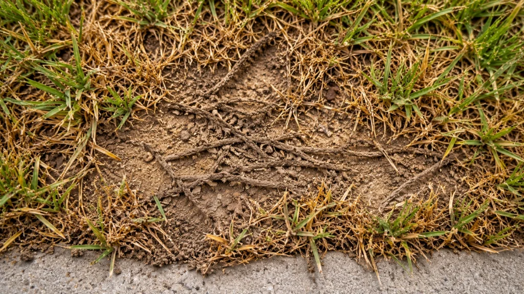 Raised soil tunnels in dying grass from mole crickets