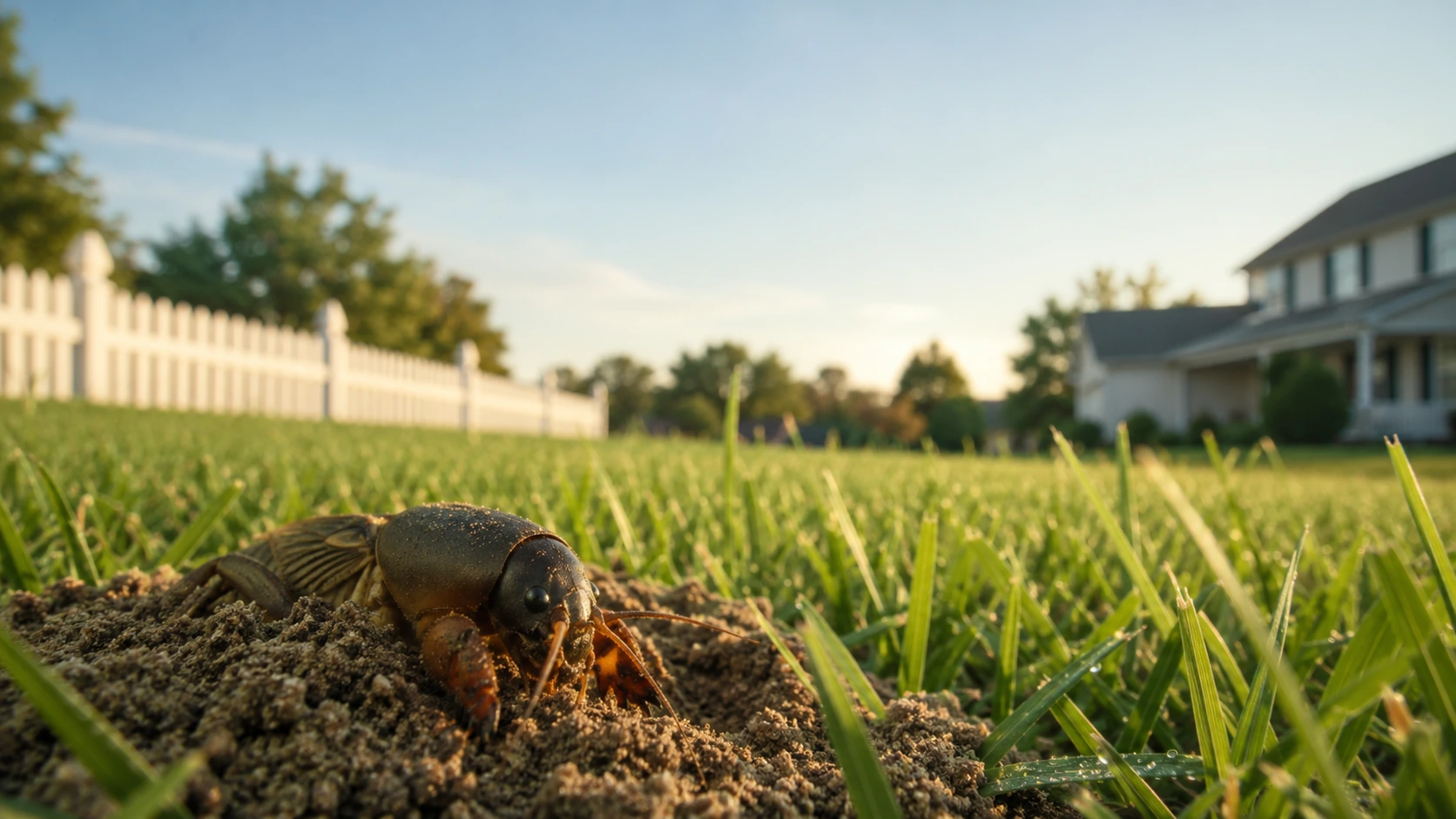 Close up of a mole cricket emerging from lawn soil