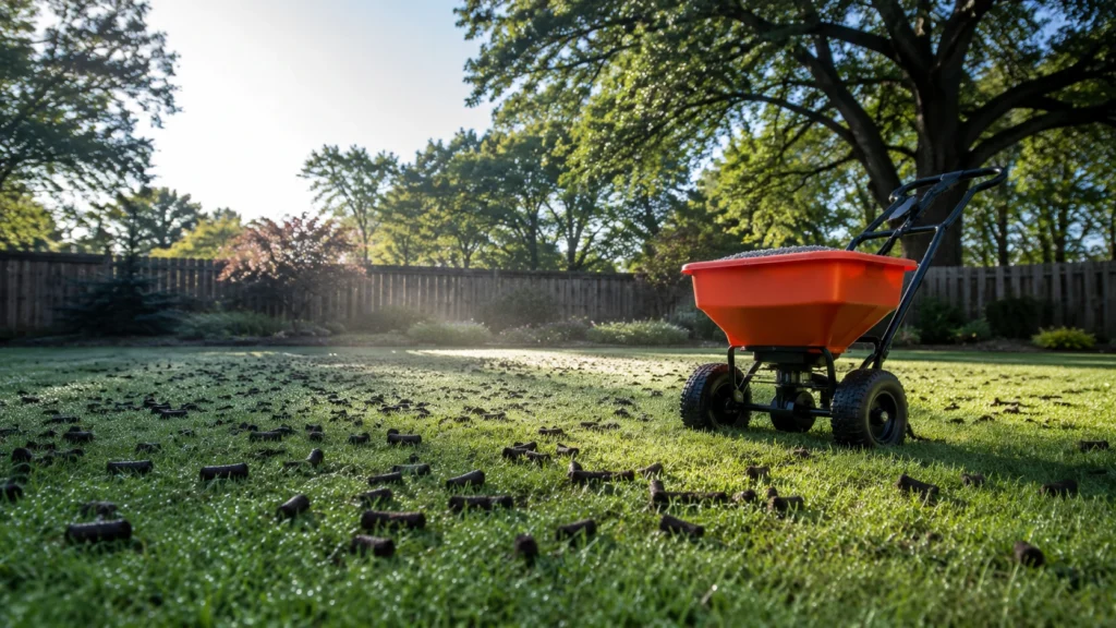 Broadcast spreader on aerated lawn preparing for grass seed