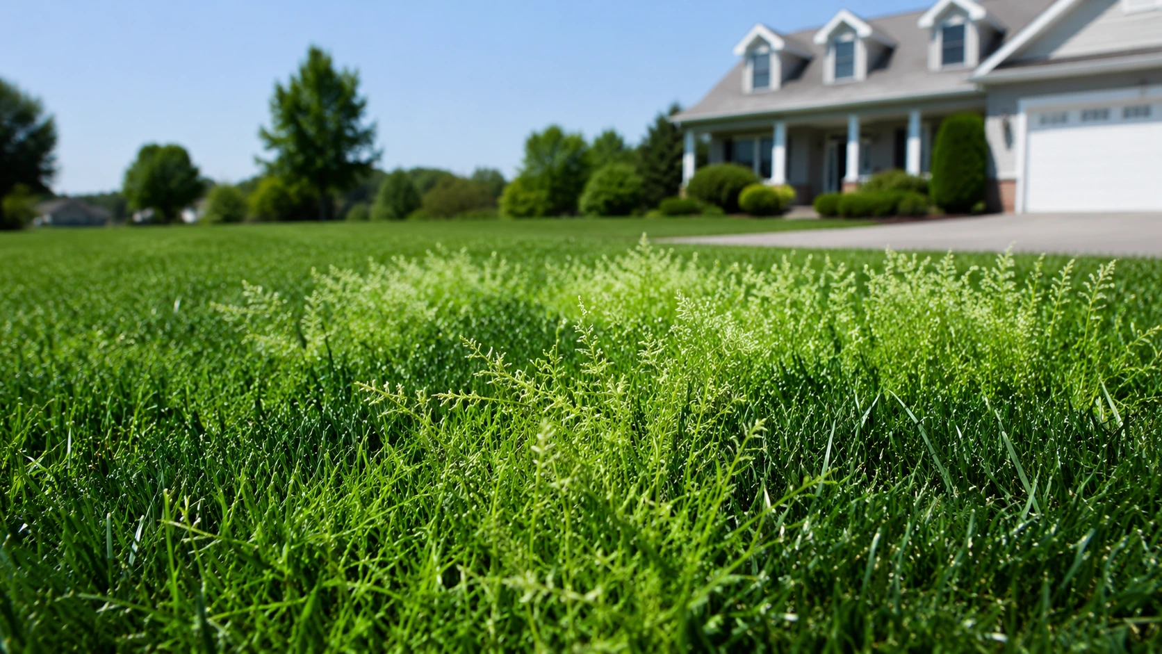 Lime green poa annua weeds growing in a dark green lawn.