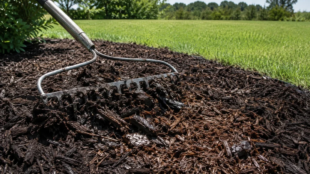 Raking damp wood mulch to prevent lawn mold