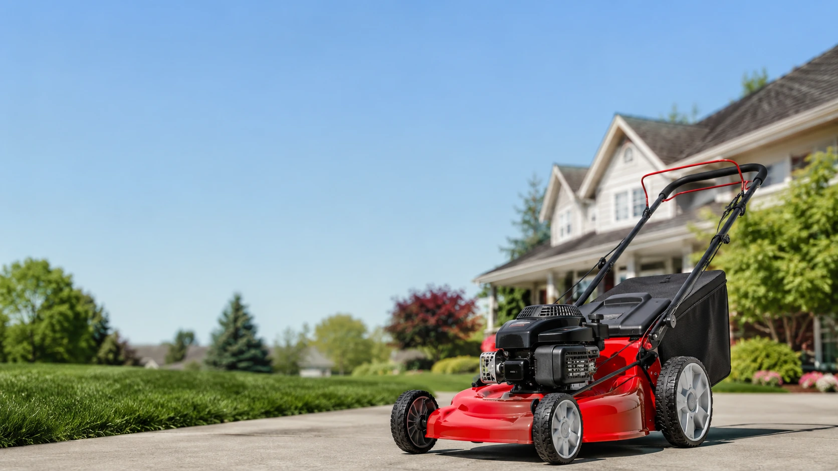 Red push lawn mower vibrating on a suburban driveway.