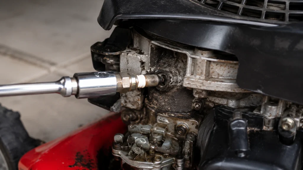 Removing a dirty spark plug from a lawn mower engine.