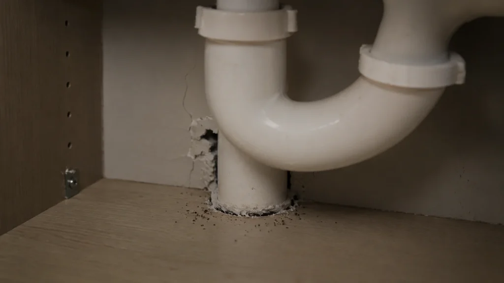 Roach droppings and entry points under a bathroom sink pipe.