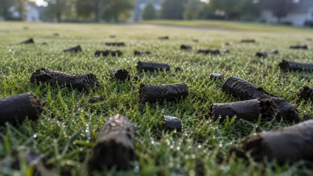 Core aeration soil plugs resting on healthy green lawn