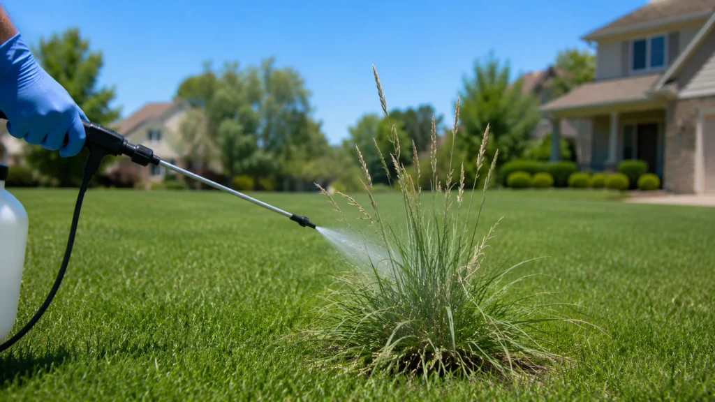 Spot treating dallisgrass in a suburban American yard.