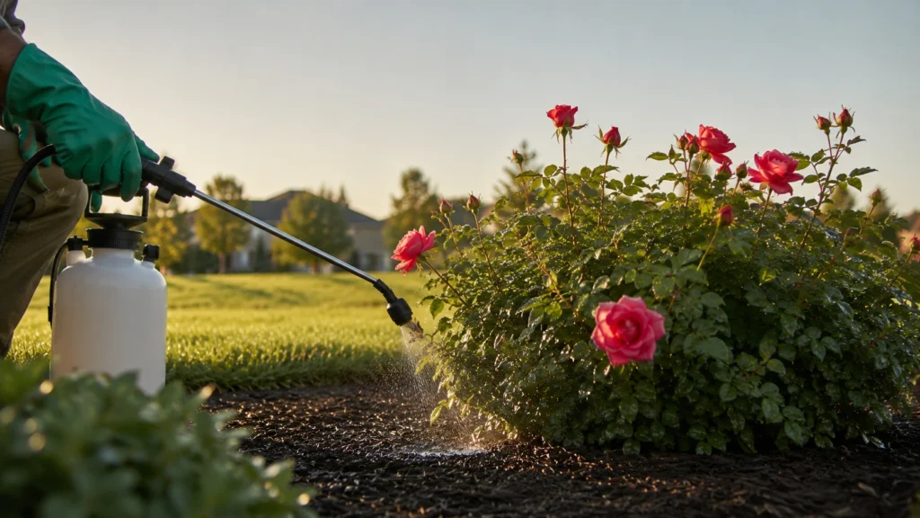 Applying liquid systemic insecticide to a rose bush