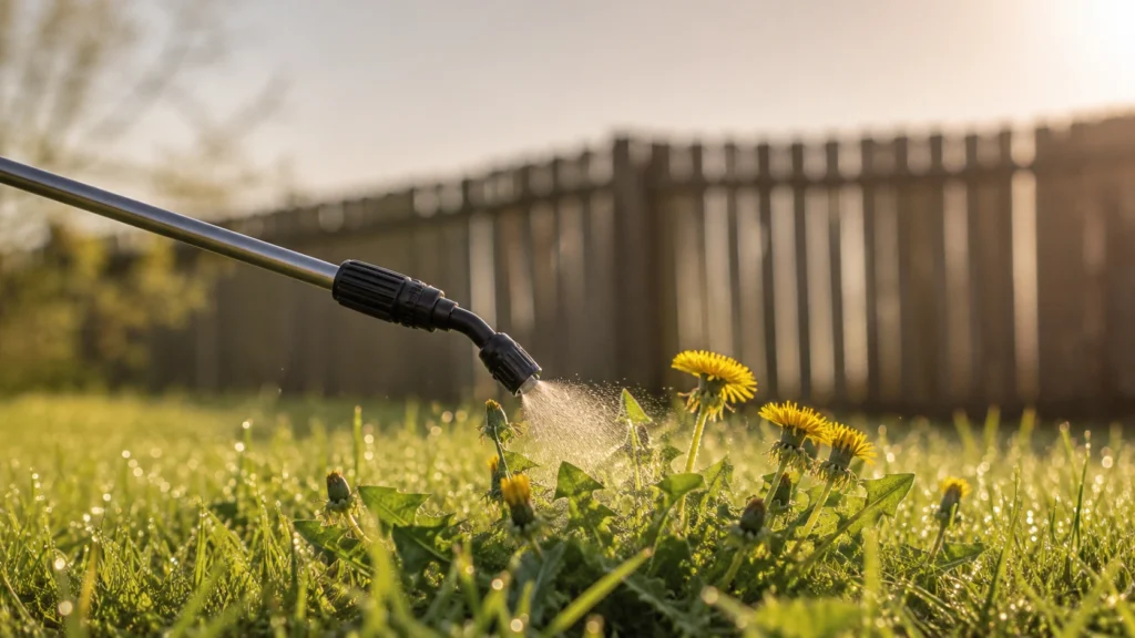 Pump sprayer wand over yellow weeds in a lawn.