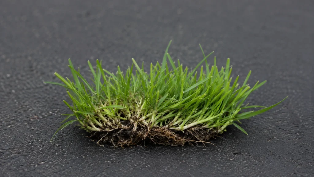 Close up of poa annua roots and boat shaped leaf tips.