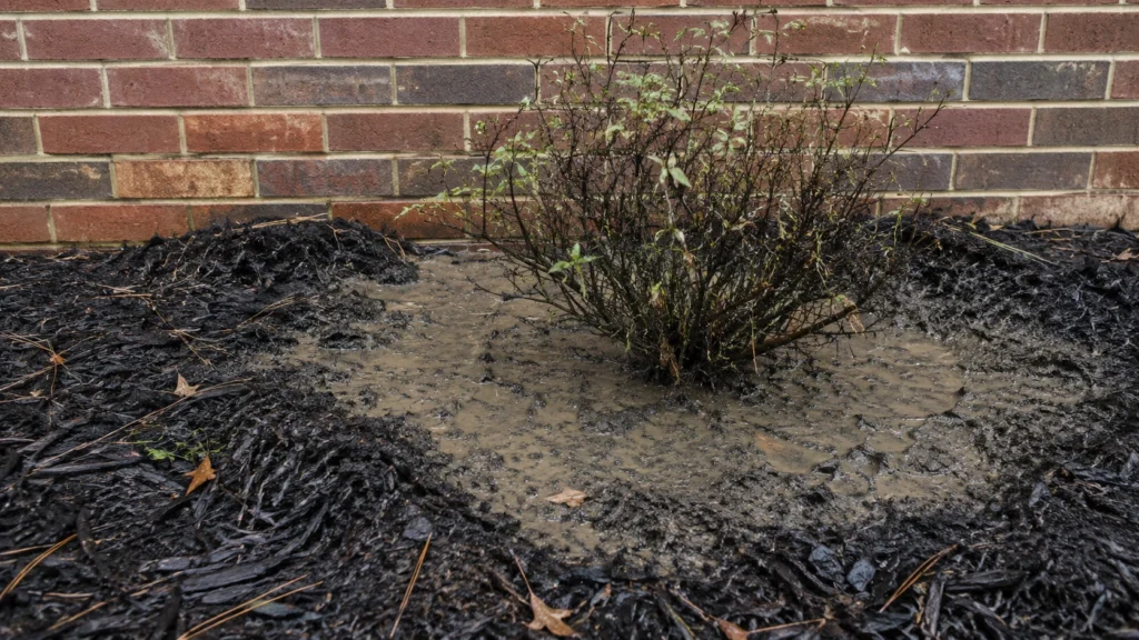 Wet heavy clay soil around the base of a rhododendron