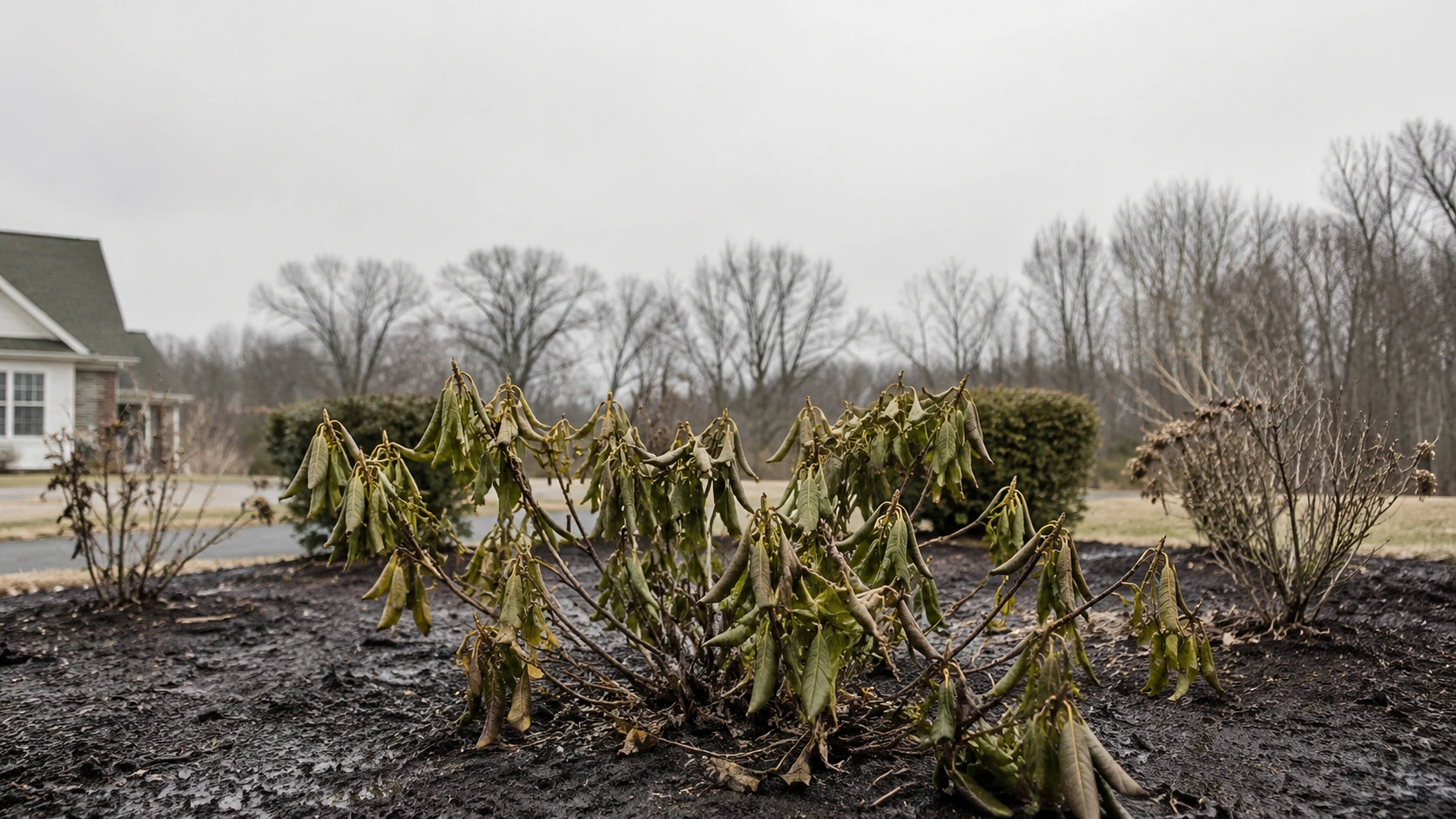 Dying rhododendron shrub with brown drooping leaves in a residential yard