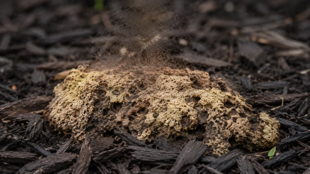 Mature brown dog vomit slime mold on wood mulch