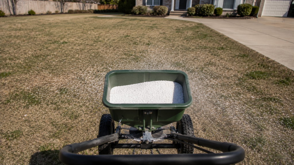Broadcast spreader applying pelletized gypsum to a patchy lawn.