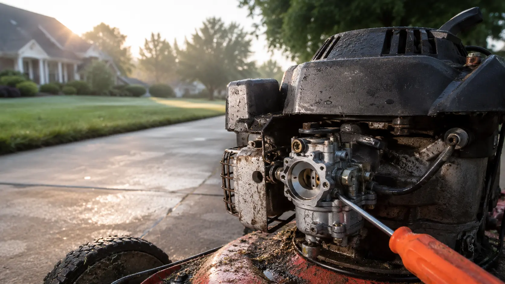 Lawn mower carburetor on a concrete driveway with a screwdriver