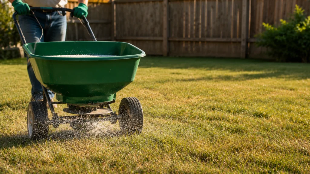 Applying granular grub control treatment using a push spreader