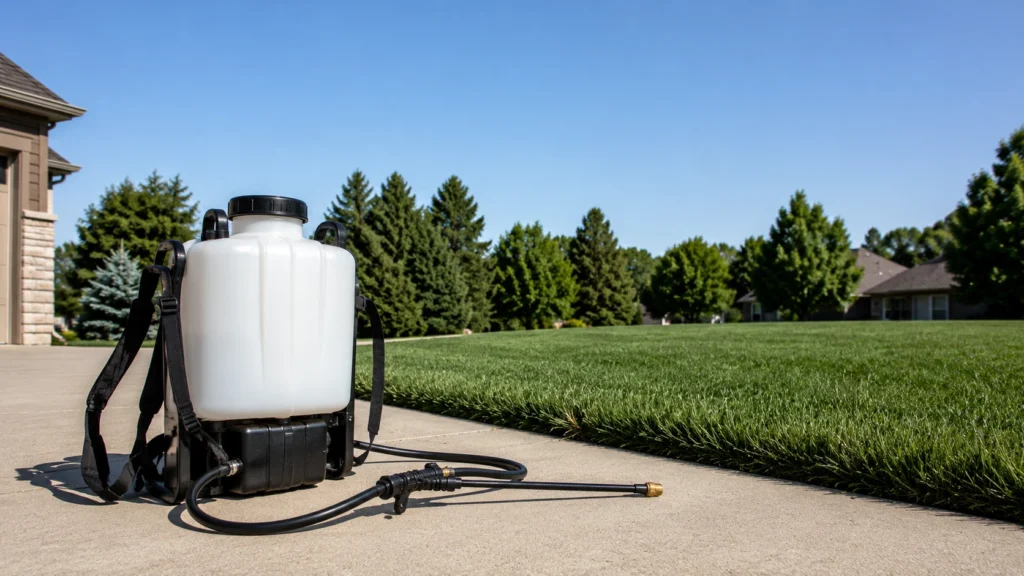 Professional backpack sprayer used for creeping bellflower herbicide application.