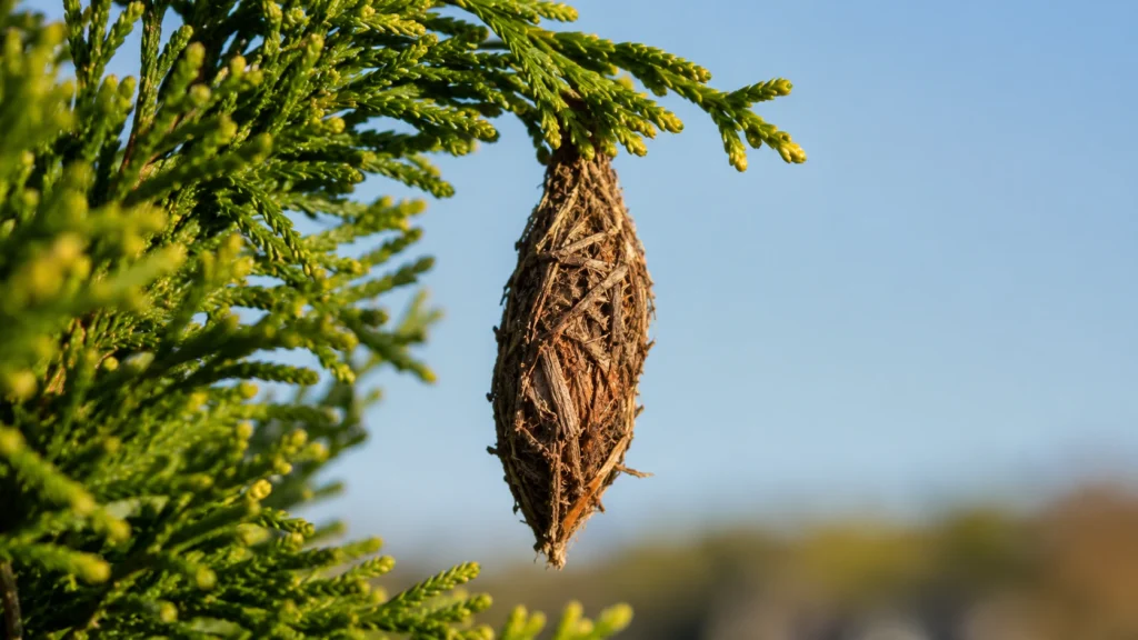 Close up of a mature brown bagworm hanging on arborvitae