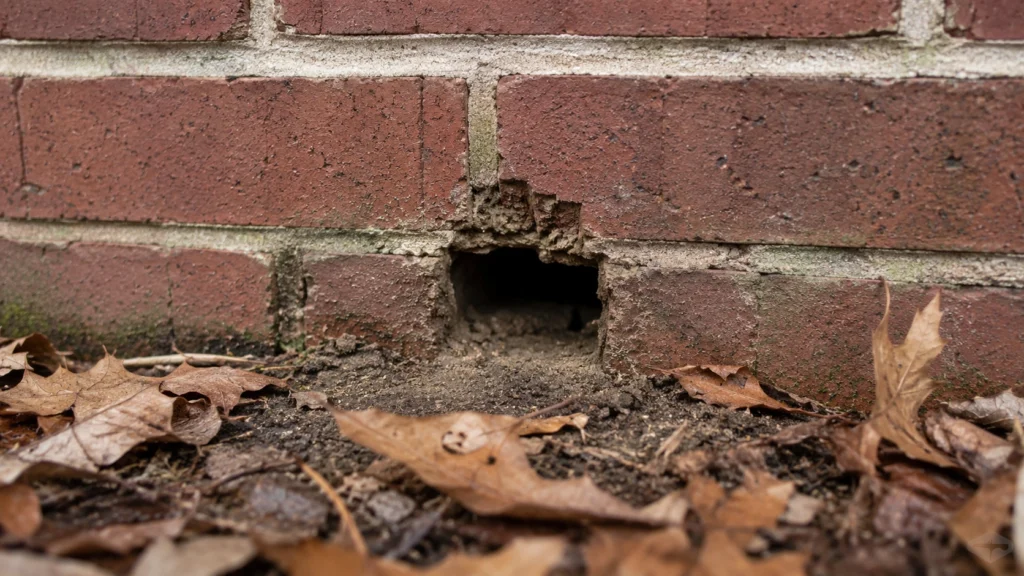 Broken foundation weep hole where palmetto bugs enter homes