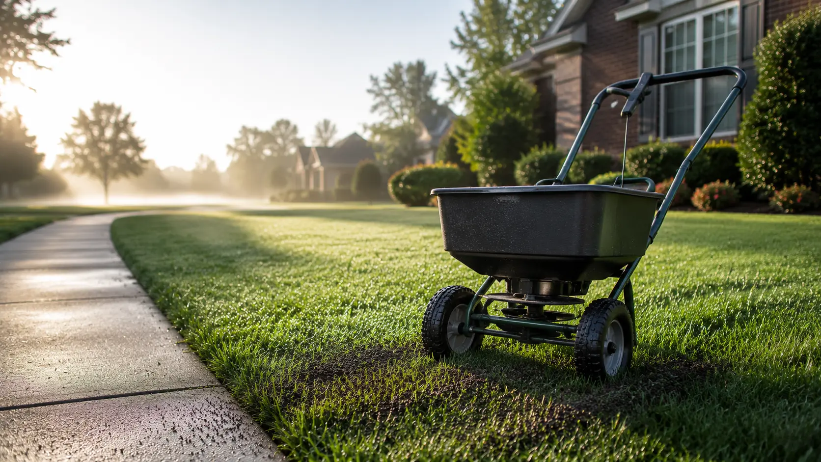 Broadcast spreader on green lawn applying humic acid soil conditioner