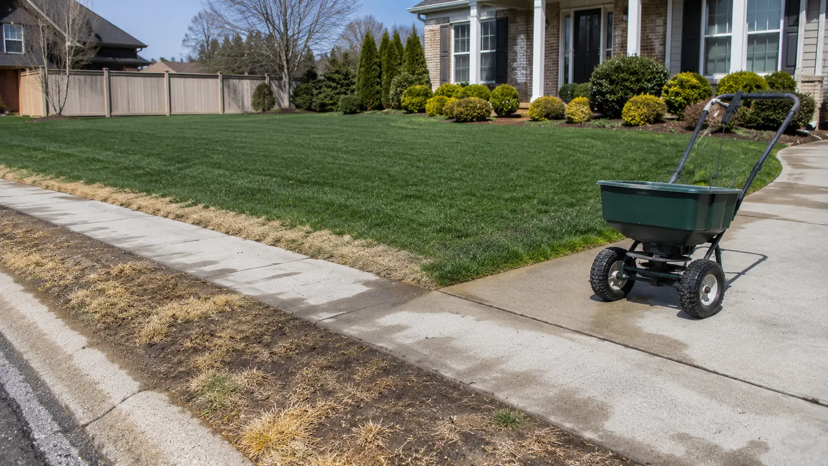 Suburban lawn with salt damage near sidewalk needing gypsum treatment.