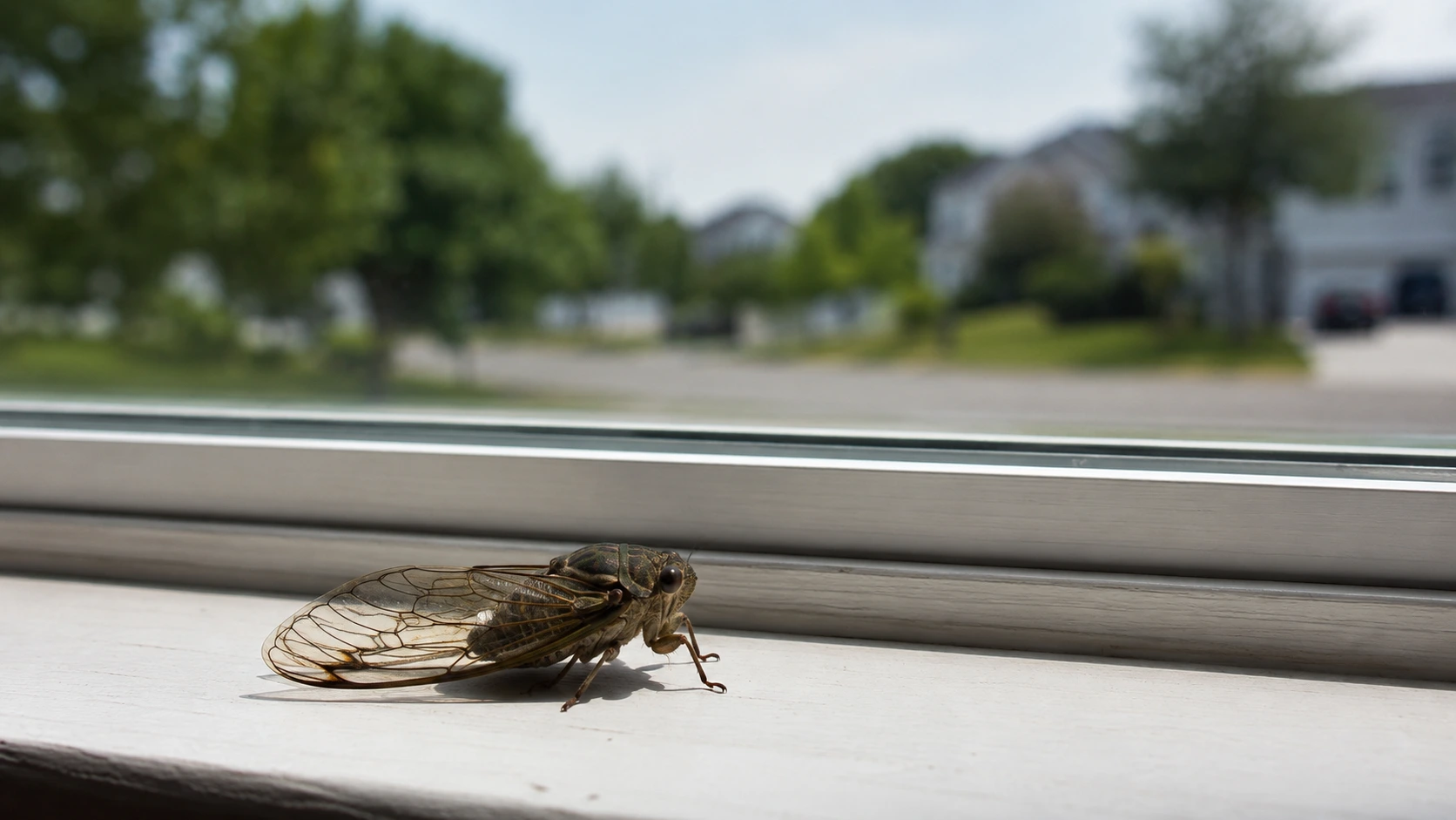 Large cicada resting on an indoor white window sill looking outside