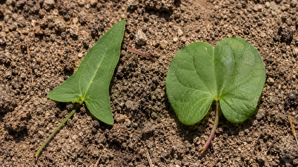 leaf comparison of bindweed vs morning glory on soil