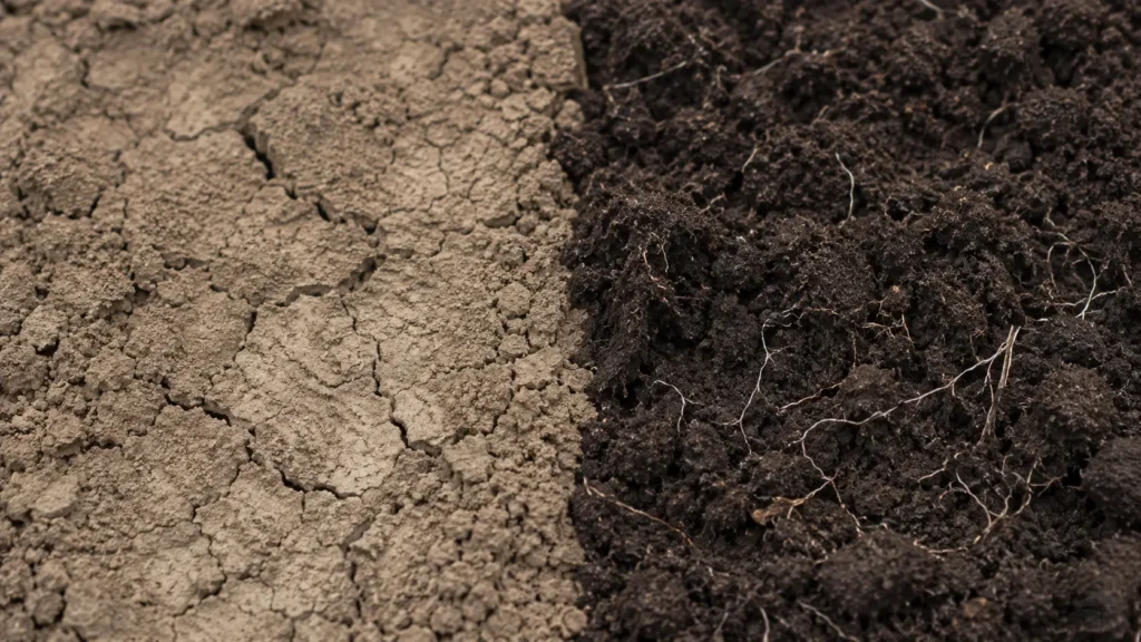 Compacted clay soil compared to rich dark aerated topsoil