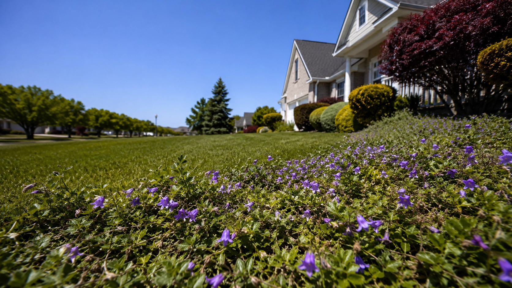 Creeping bellflower herbicide treatment needed for an invaded suburban yard.