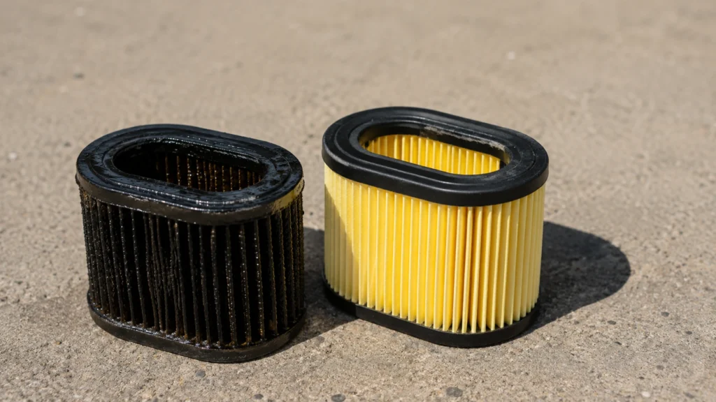 Oil soaked paper lawn mower filter next to a clean replacement