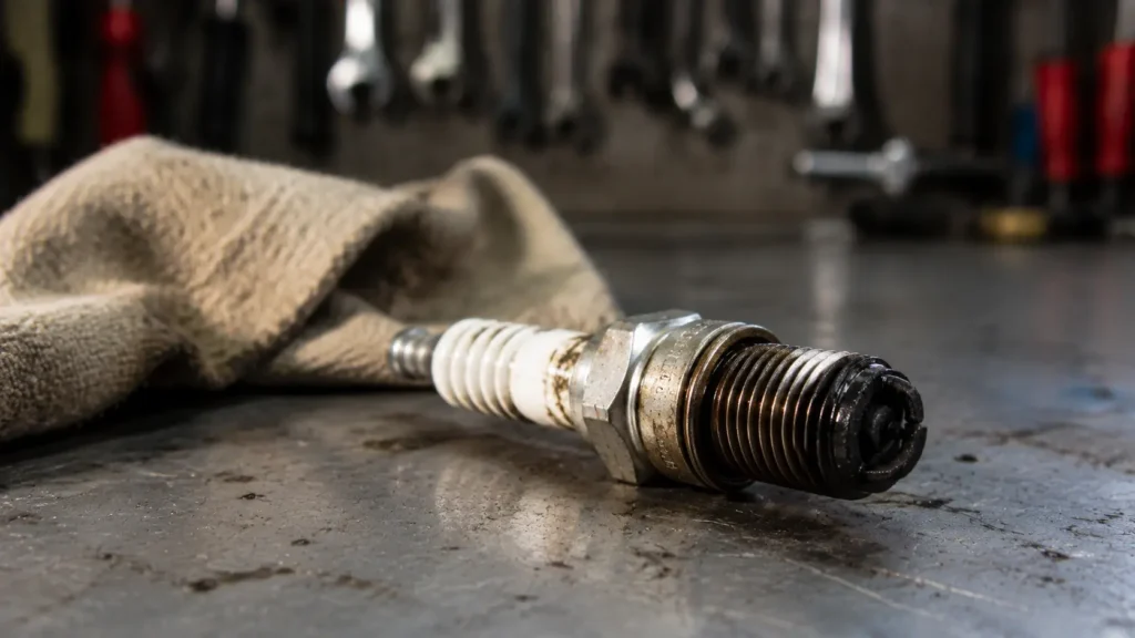 Dirty lawn mower spark plug with black carbon buildup