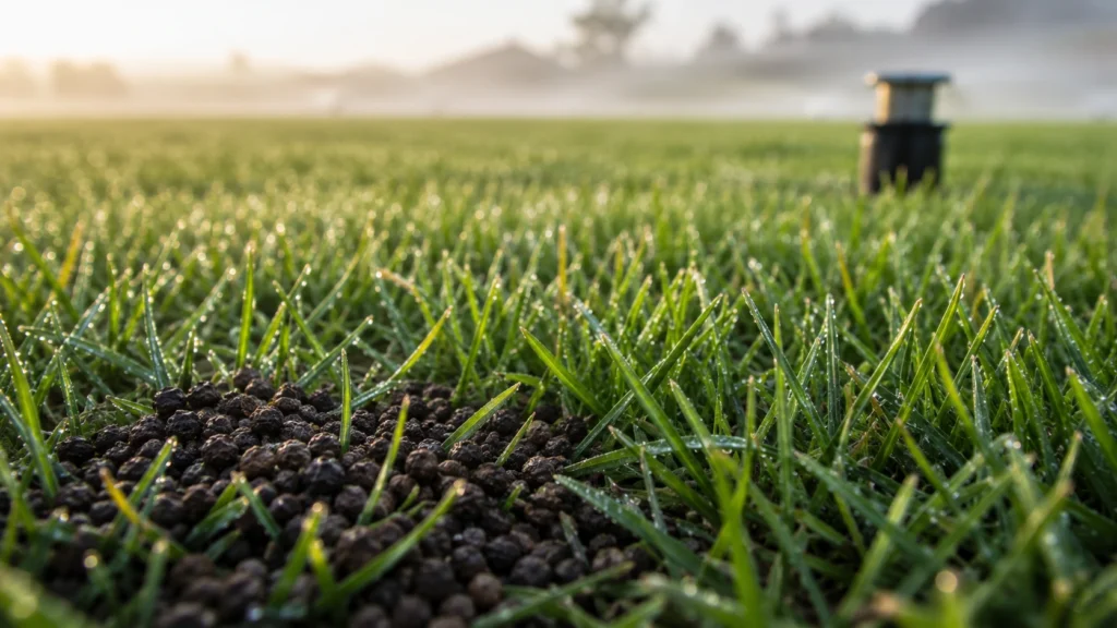 Granular humic acid pellets resting on healthy green lawn grass