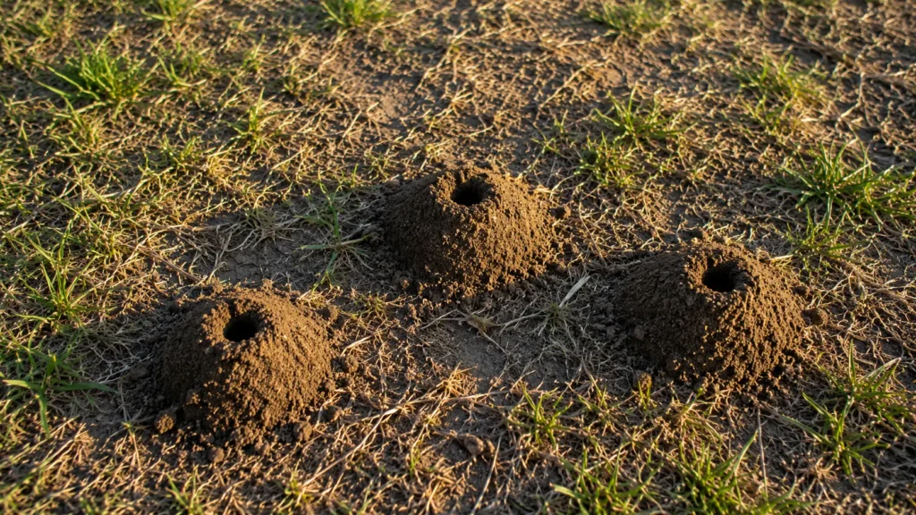 Close up of ground bee nesting holes in dry lawn soil