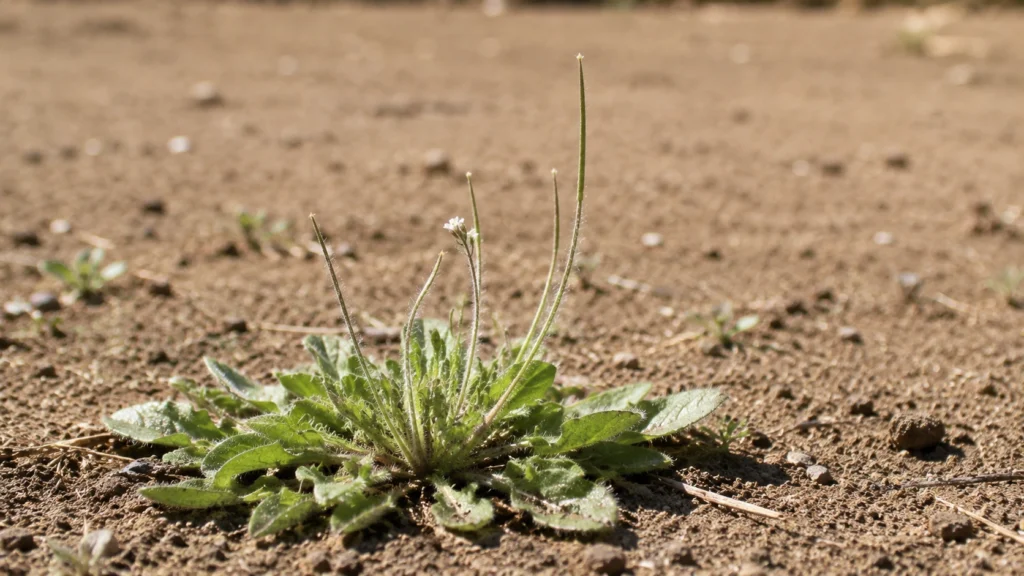 Close-up of hairy bittercress weed rosette and seed pods.