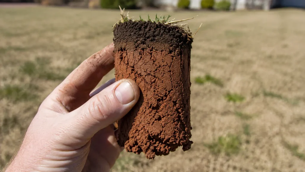 Soil core sample showing heavy clay compaction in a lawn.