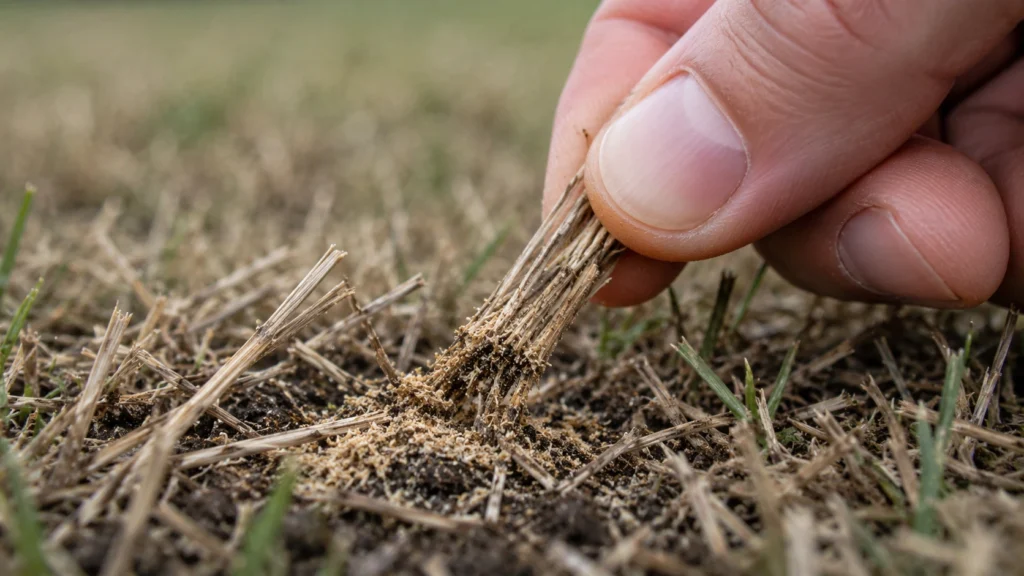 Pulling dead grass stems to check for billbug frass
