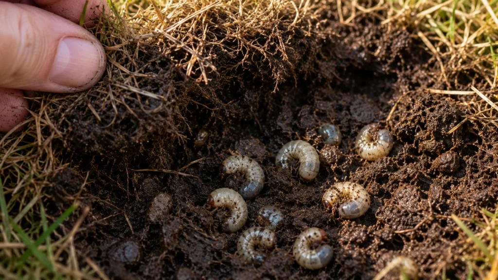 Pulling back dead turf to expose white C-shaped grubs