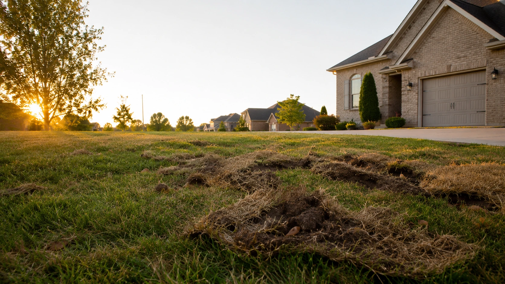 Dead brown lawn patches caused by active japanese beetle grubs