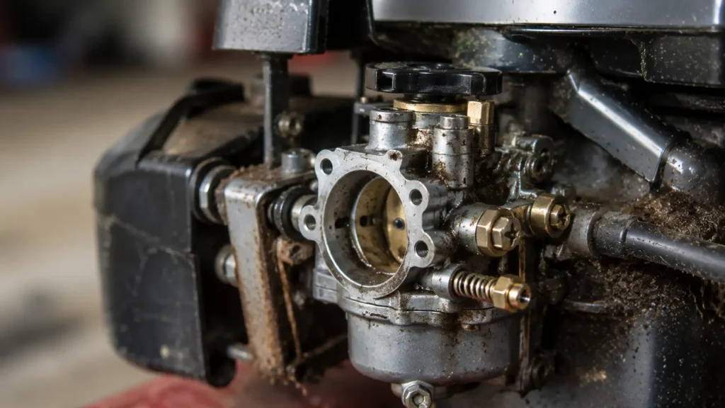 Close-up of lawn mower carburetor adjustment screws and springs
