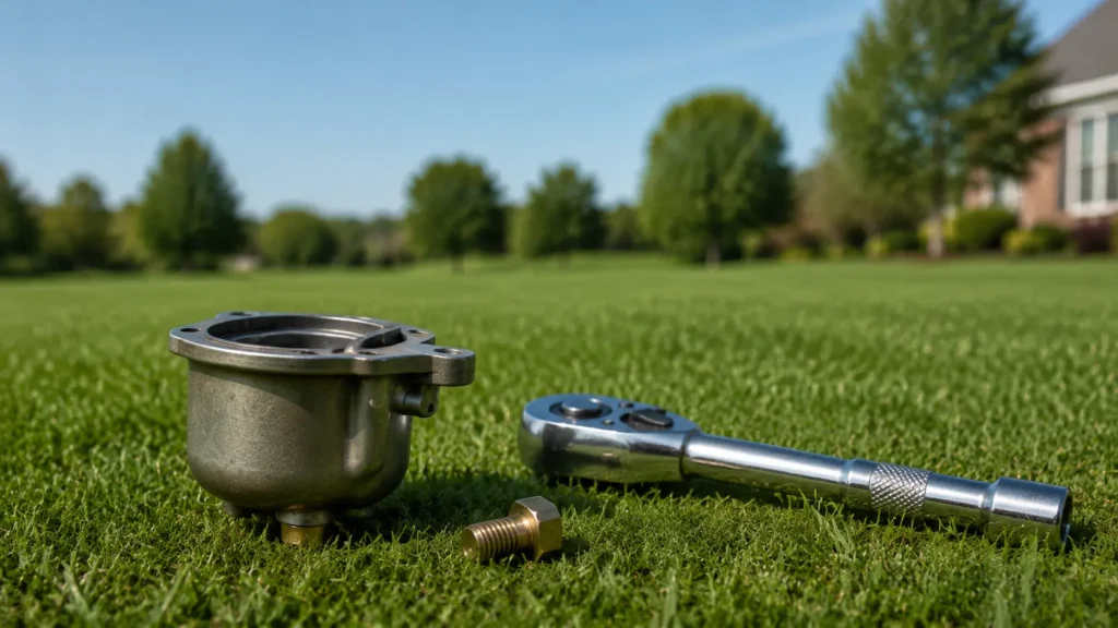 Lawn mower carburetor and socket wrench on grass
